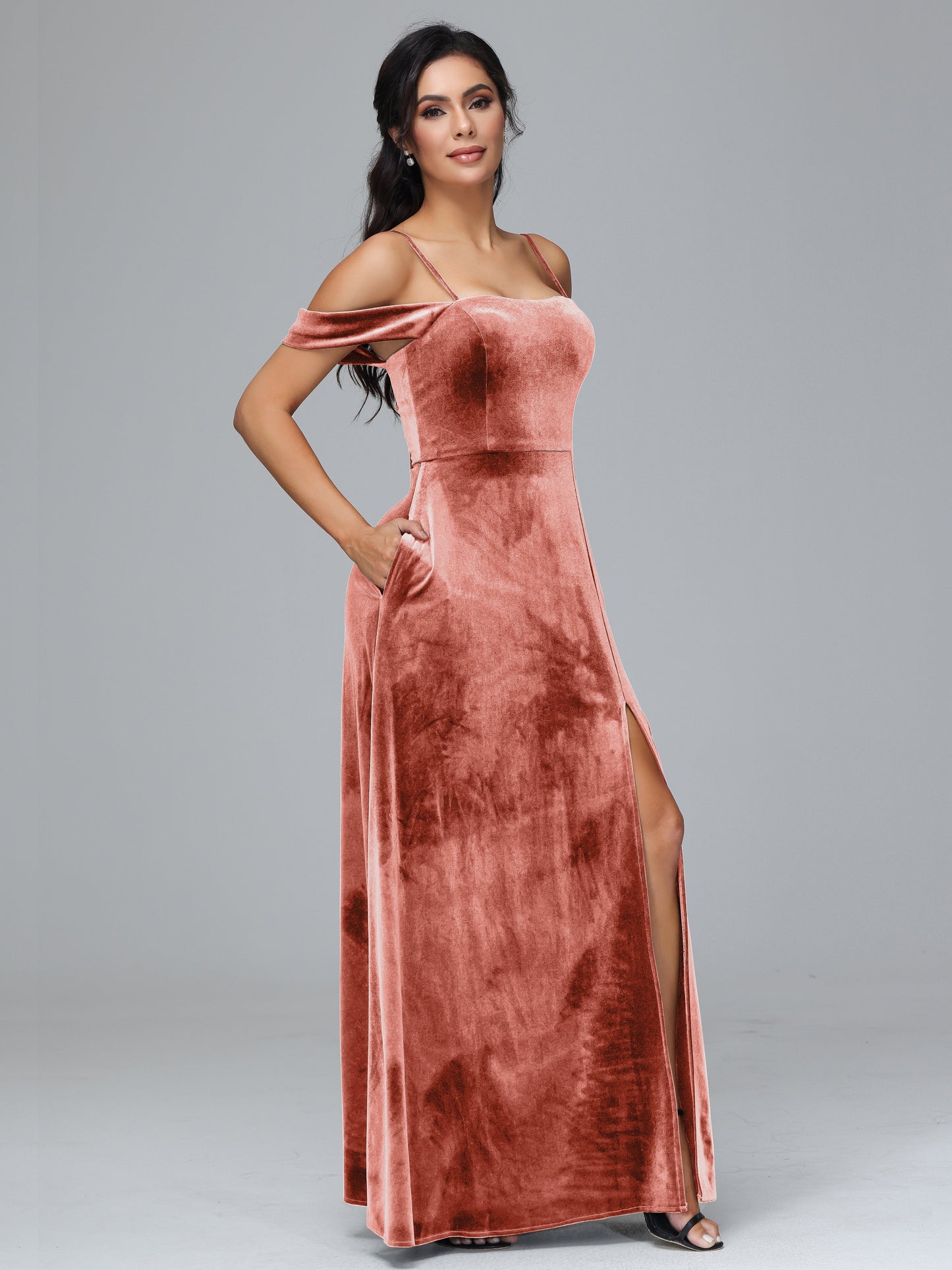 Spaghetti Straps Off Shoulder Velvet Bridesmaid Dress With Slit