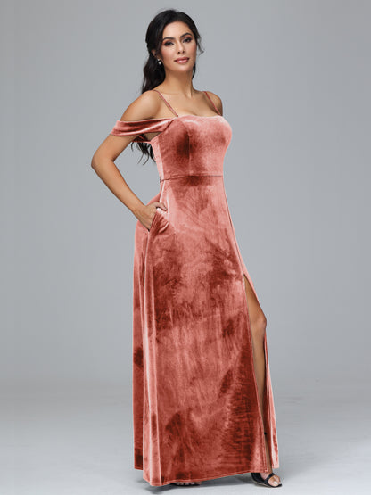 Spaghetti Straps Off Shoulder Velvet Bridesmaid Dress With Slit