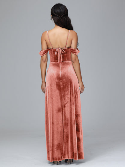 Spaghetti Straps Off Shoulder Velvet Bridesmaid Dress With Slit