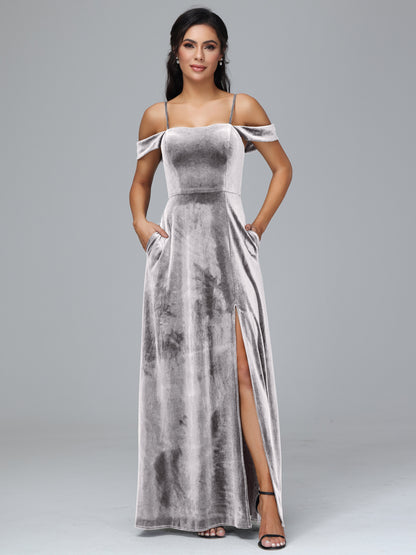 Spaghetti Straps Off Shoulder Velvet Bridesmaid Dress With Slit