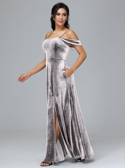 Spaghetti Straps Off Shoulder Velvet Bridesmaid Dress With Slit