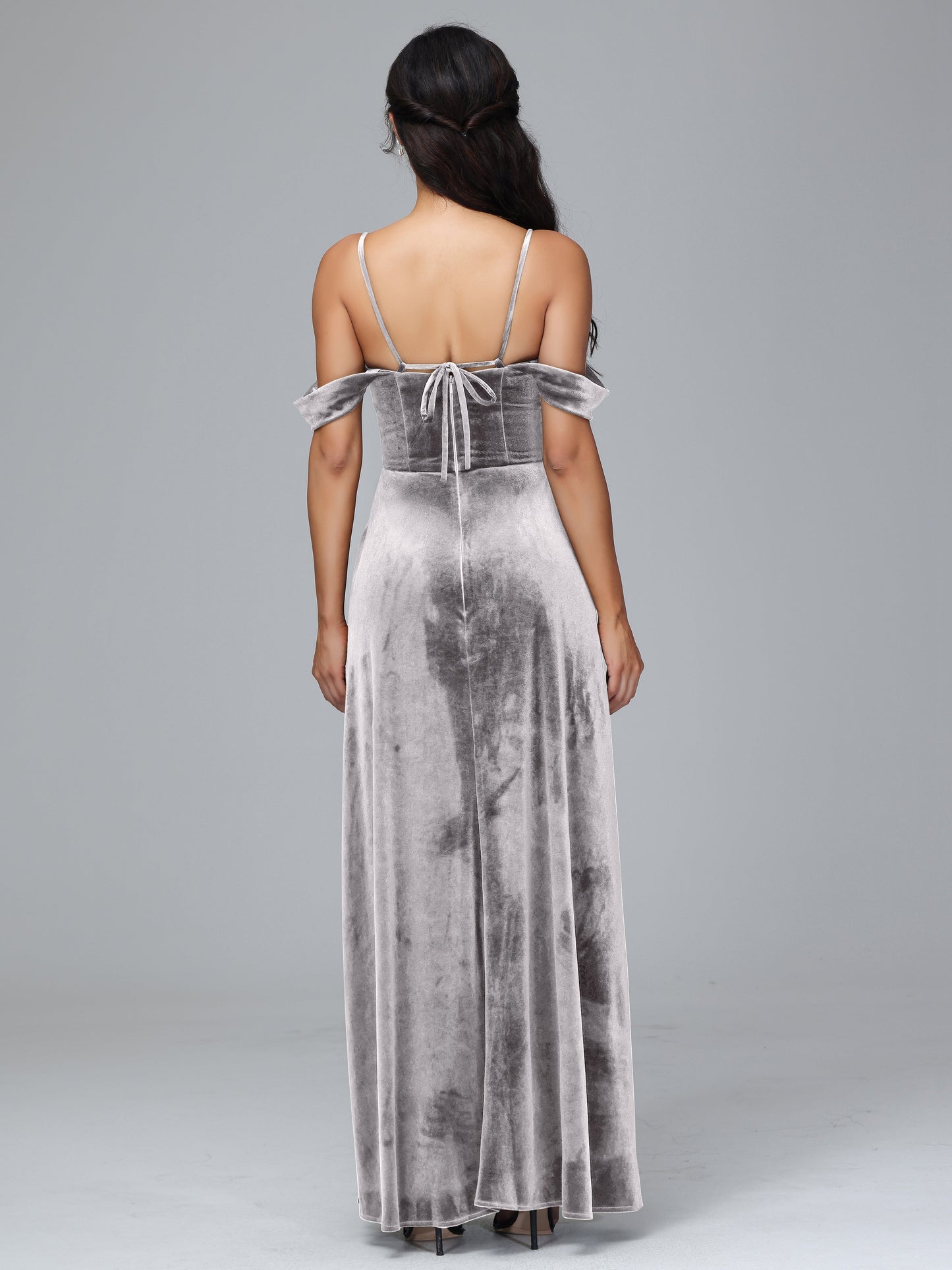 Spaghetti Straps Off Shoulder Velvet Bridesmaid Dress With Slit