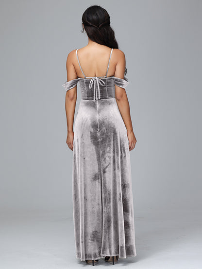 Spaghetti Straps Off Shoulder Velvet Bridesmaid Dress With Slit