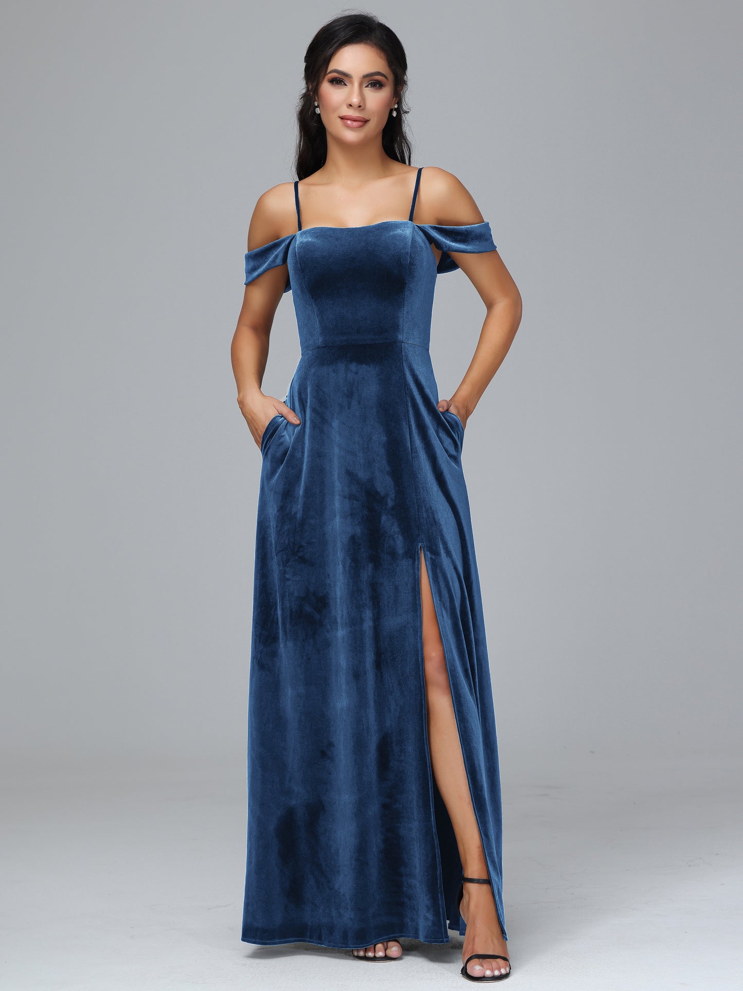 Spaghetti Straps Off Shoulder Velvet Bridesmaid Dress With Slit