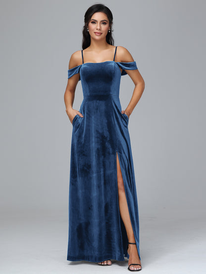 Spaghetti Straps Off Shoulder Velvet Bridesmaid Dress With Slit