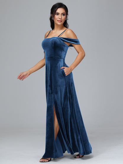 Spaghetti Straps Off Shoulder Velvet Bridesmaid Dress With Slit
