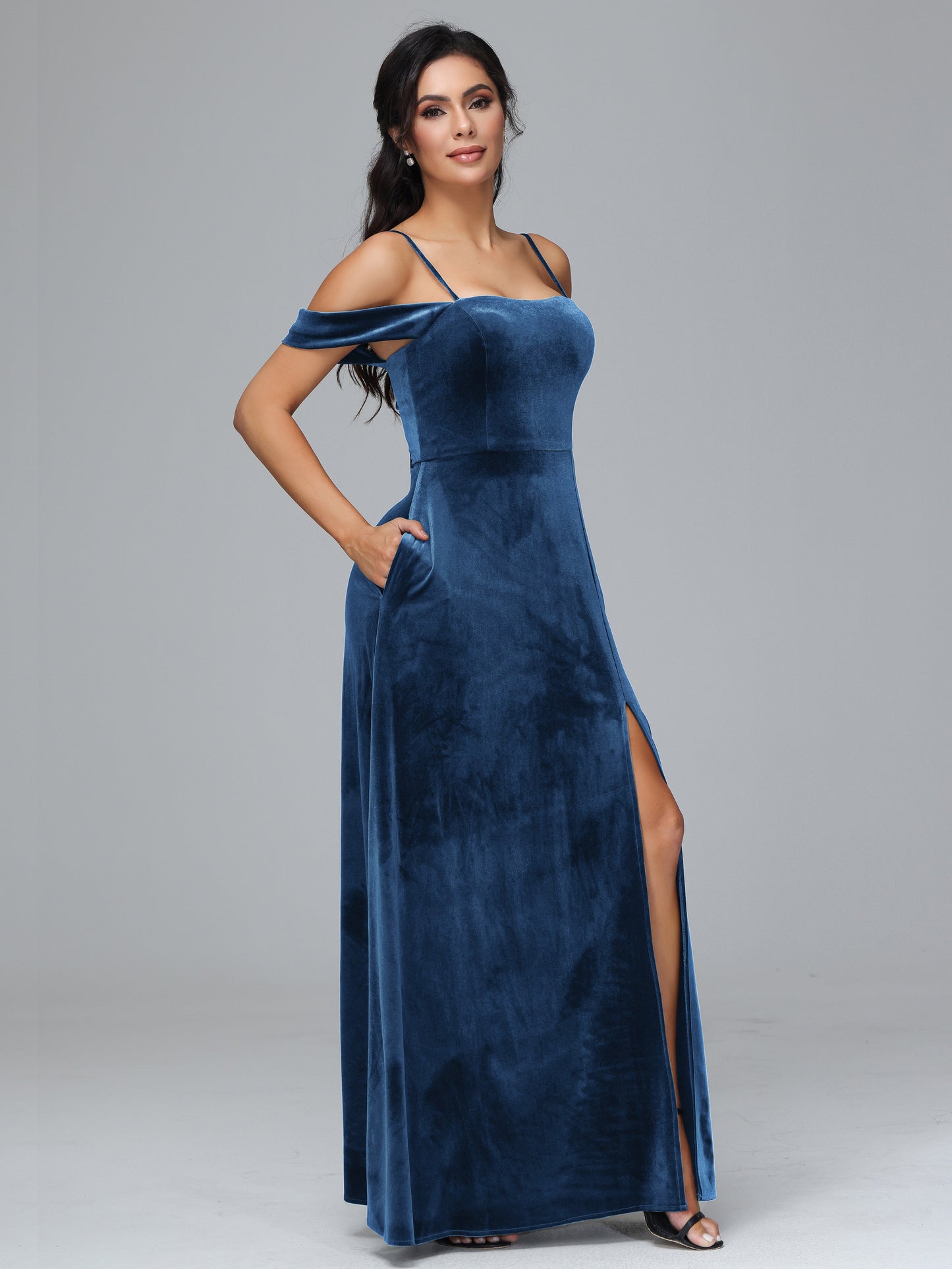 Spaghetti Straps Off Shoulder Velvet Bridesmaid Dress With Slit