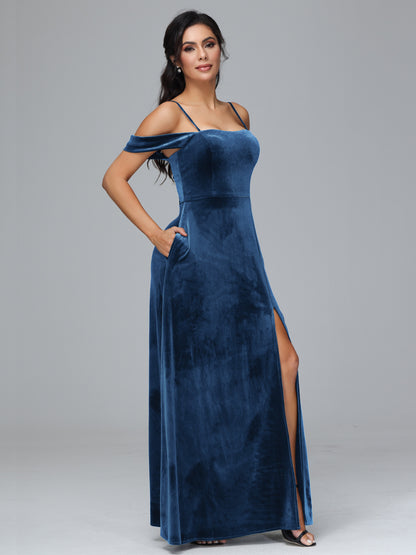 Spaghetti Straps Off Shoulder Velvet Bridesmaid Dress With Slit