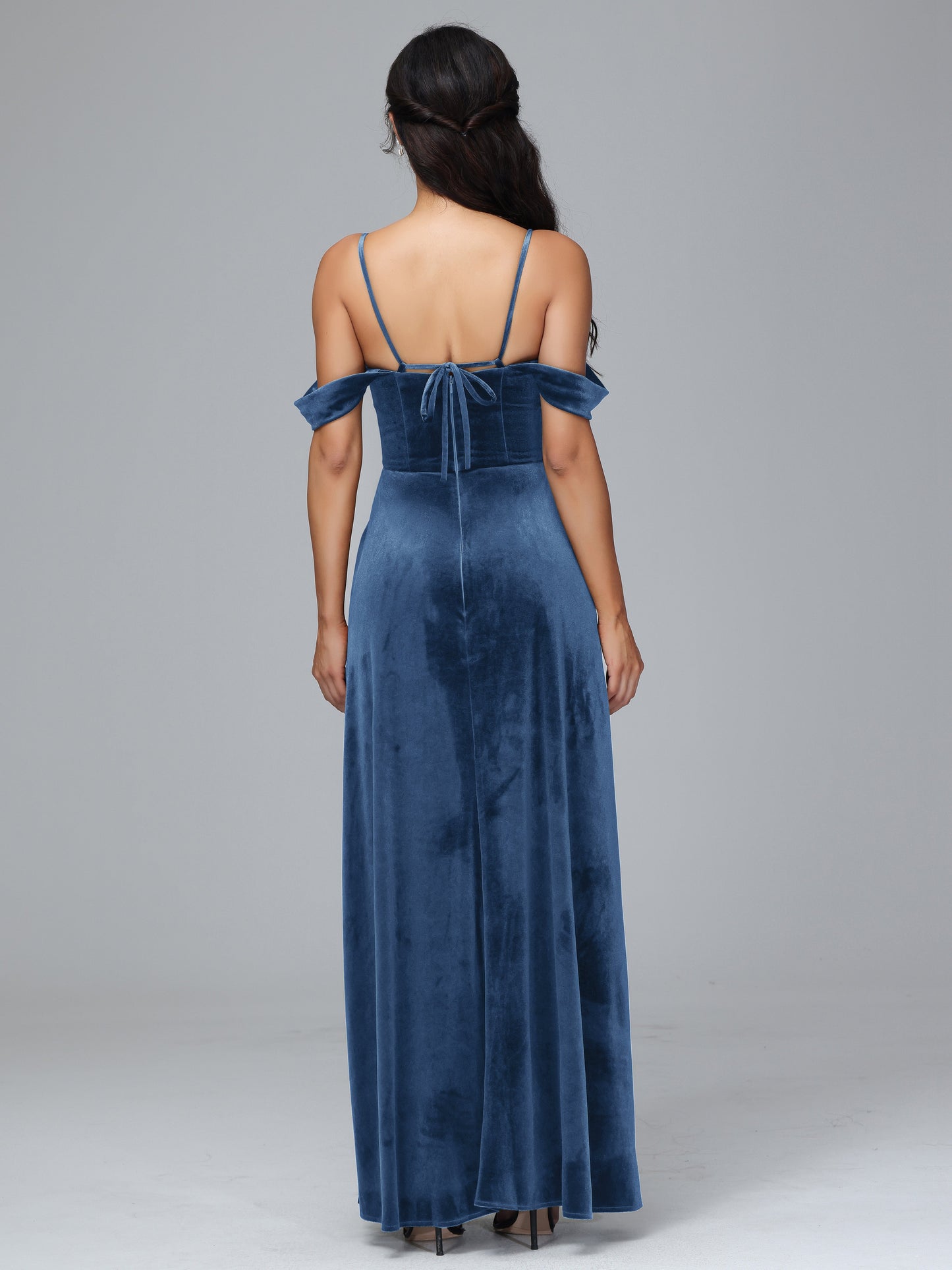 Spaghetti Straps Off Shoulder Velvet Bridesmaid Dress With Slit
