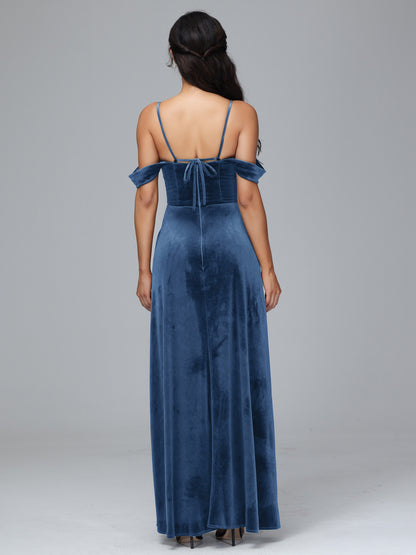 Spaghetti Straps Off Shoulder Velvet Bridesmaid Dress With Slit