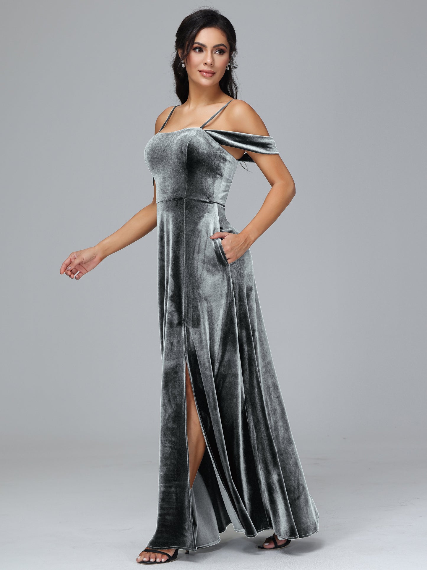 Spaghetti Straps Off Shoulder Velvet Bridesmaid Dress With Slit