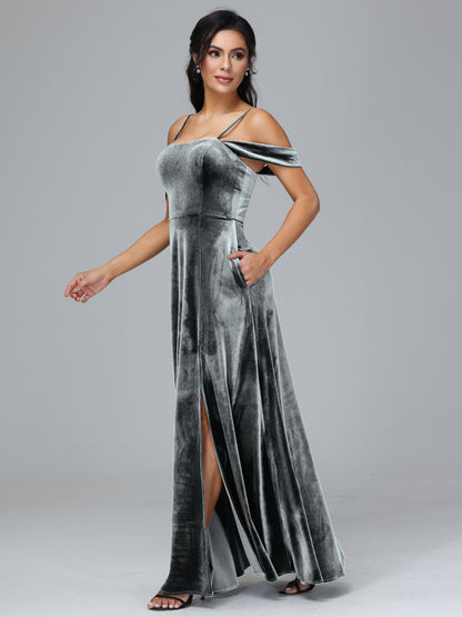 Spaghetti Straps Off Shoulder Velvet Bridesmaid Dress With Slit