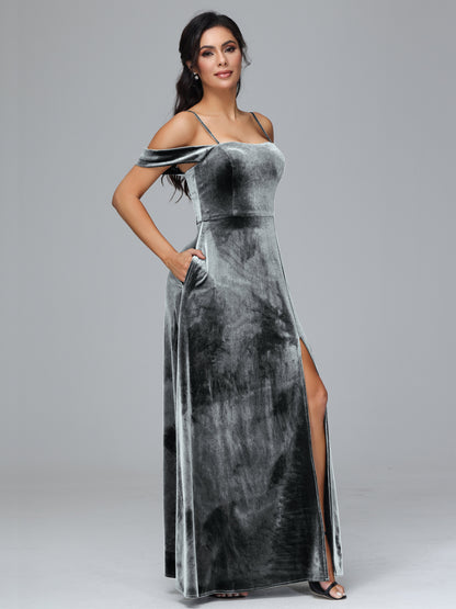 Spaghetti Straps Off Shoulder Velvet Bridesmaid Dress With Slit
