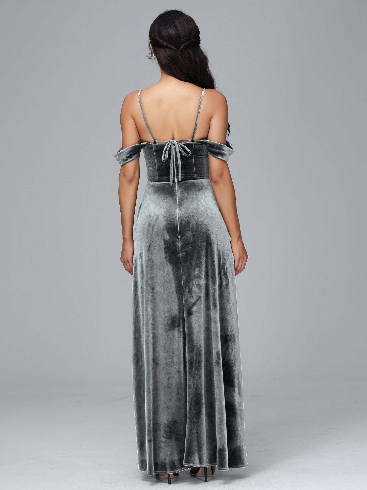 Spaghetti Straps Off Shoulder Velvet Bridesmaid Dress With Slit