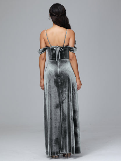 Spaghetti Straps Off Shoulder Velvet Bridesmaid Dress With Slit