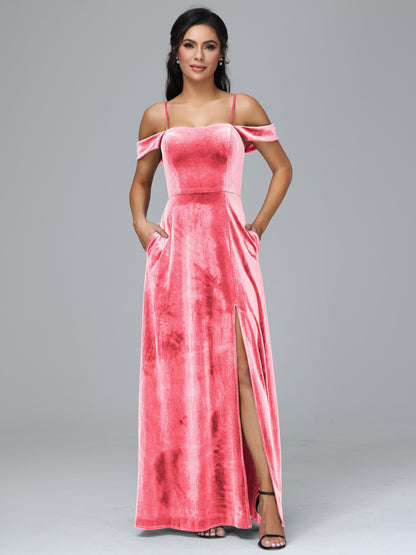 Spaghetti Straps Off Shoulder Velvet Bridesmaid Dress With Slit