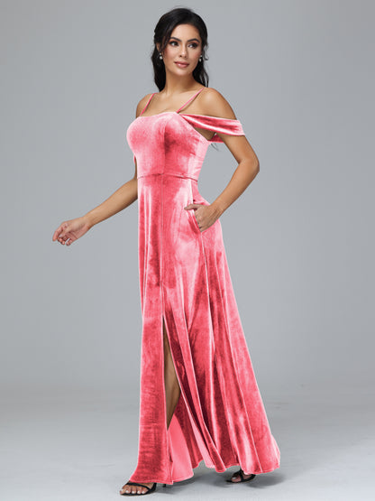 Spaghetti Straps Off Shoulder Velvet Bridesmaid Dress With Slit