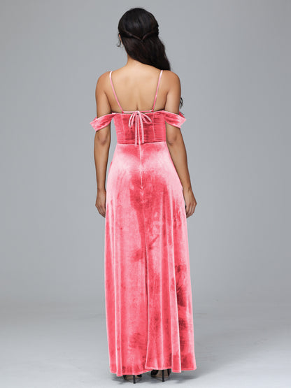 Spaghetti Straps Off Shoulder Velvet Bridesmaid Dress With Slit