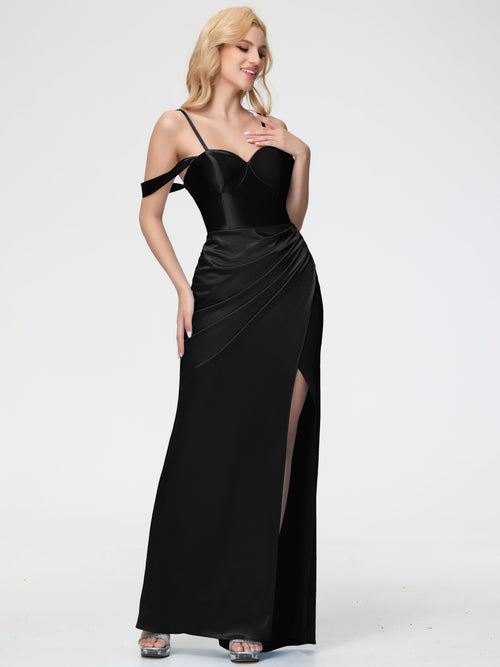 Black Off The Shoulder Stretch Crepe Bridesmaid Dress Sheath/Column Off The Shoulder Removable Straps Stretch Satin Bridesmaid Dress With Slit