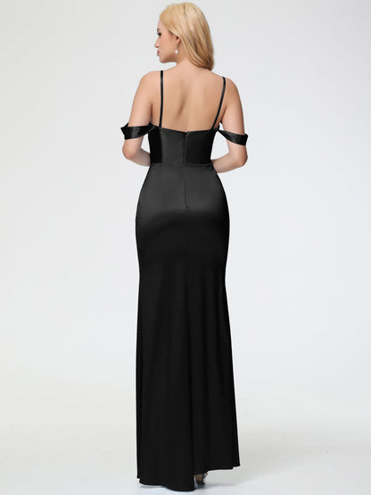 Black Off The Shoulder Stretch Crepe Bridesmaid Dress Sheath/Column Off The Shoulder Removable Straps Stretch Satin Bridesmaid Dress With Slit