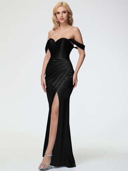 Black Off The Shoulder Stretch Crepe Bridesmaid Dress Sheath/Column Off The Shoulder Removable Straps Stretch Satin Bridesmaid Dress With Slit
