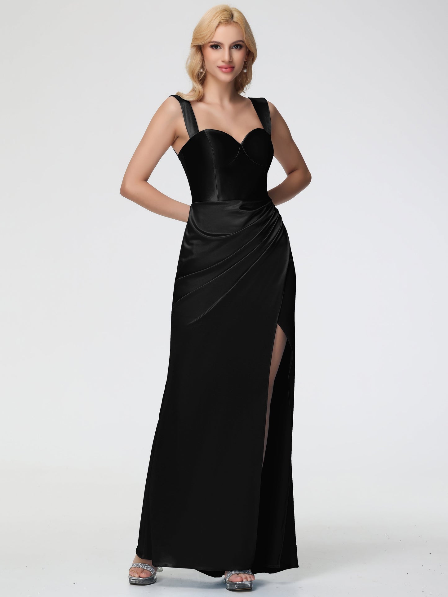 Black Off The Shoulder Stretch Crepe Bridesmaid Dress Sheath/Column Off The Shoulder Removable Straps Stretch Satin Bridesmaid Dress With Slit