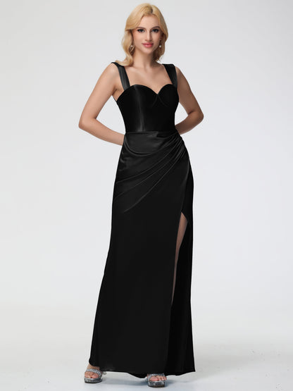 Black Off The Shoulder Stretch Crepe Bridesmaid Dress Sheath/Column Off The Shoulder Removable Straps Stretch Satin Bridesmaid Dress With Slit