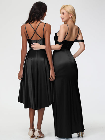 Black Off The Shoulder Stretch Crepe Bridesmaid Dress Sheath/Column Off The Shoulder Removable Straps Stretch Satin Bridesmaid Dress With Slit