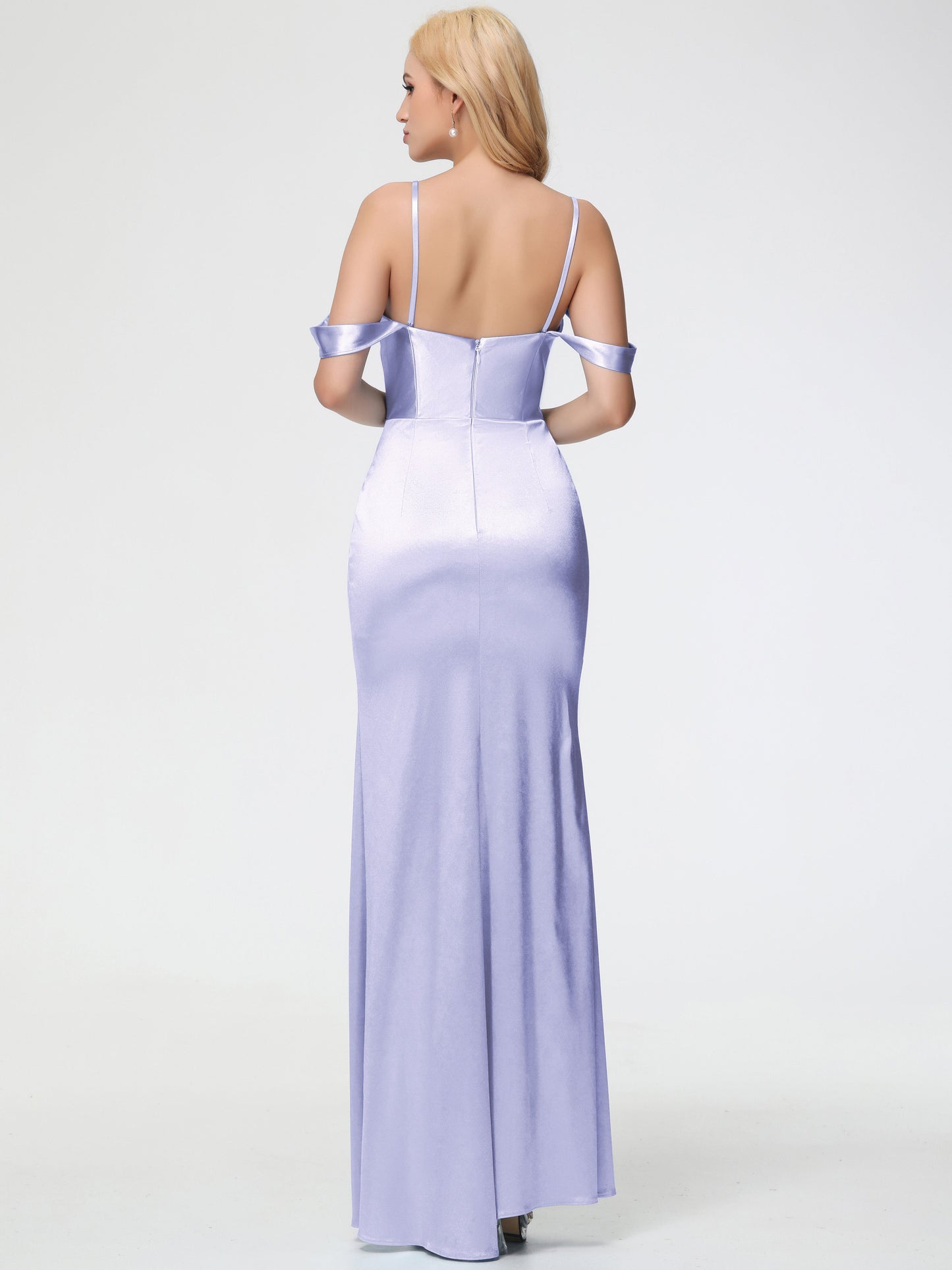 Bridesmaid Dresses Lavender Colour Sheath/Column Off The Shoulder Removable Straps Stretch Satin Bridesmaid Dress With Slit