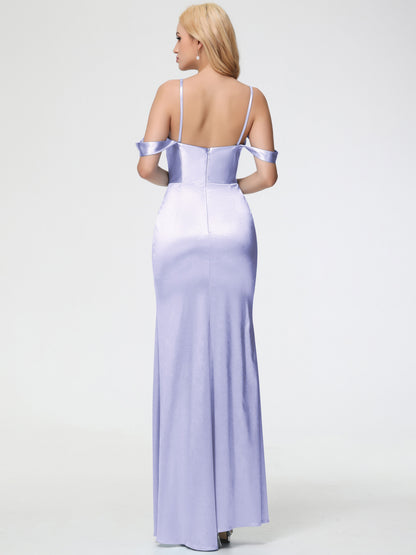 Bridesmaid Dresses Lavender Colour Sheath/Column Off The Shoulder Removable Straps Stretch Satin Bridesmaid Dress With Slit