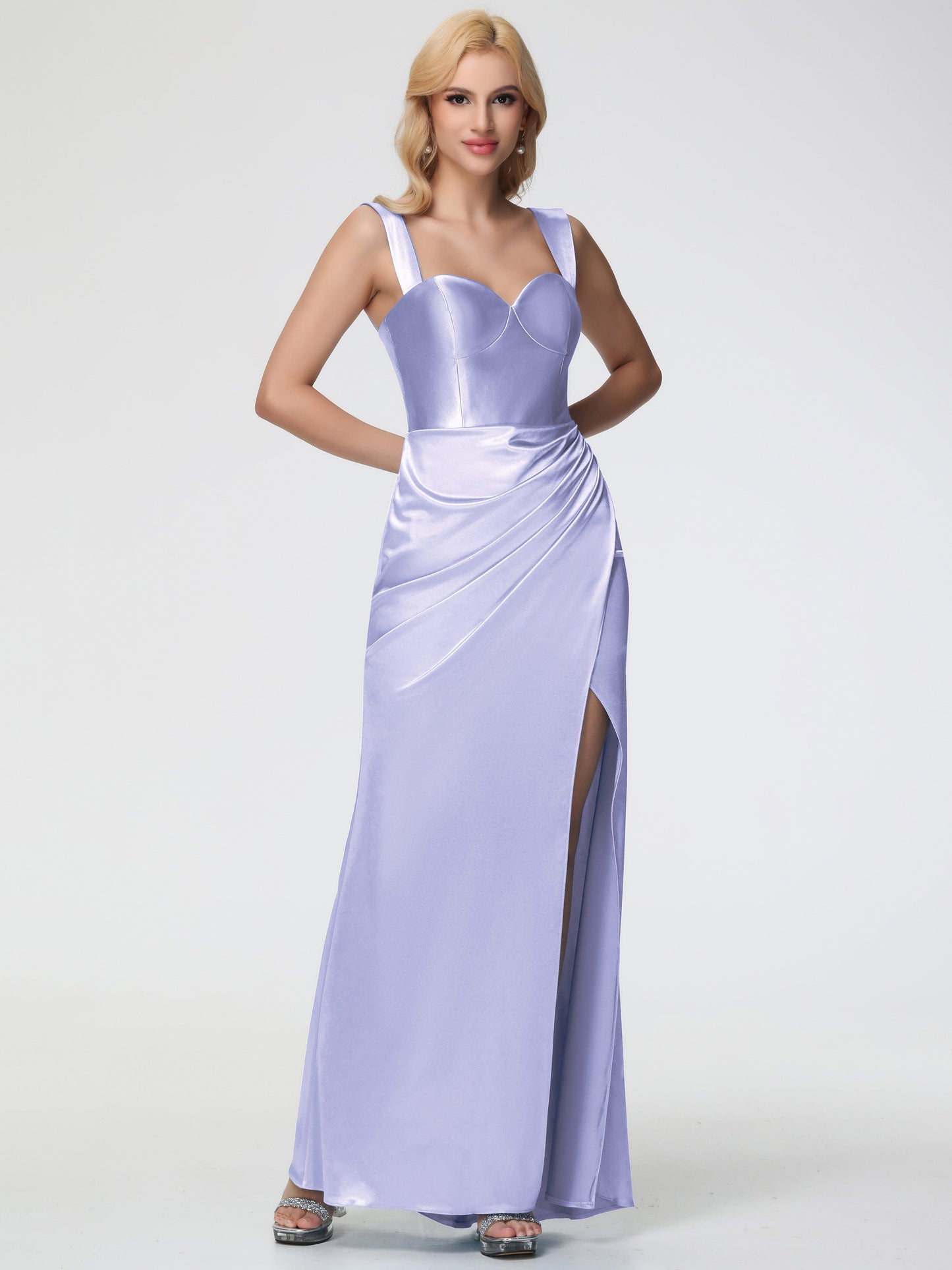Bridesmaid Dresses Lavender Colour Sheath/Column Off The Shoulder Removable Straps Stretch Satin Bridesmaid Dress With Slit