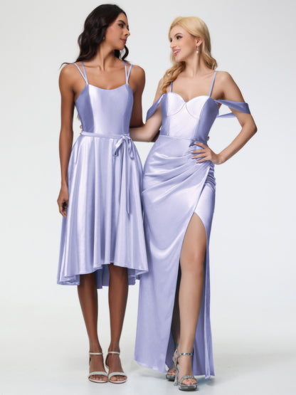 Bridesmaid Dresses Lavender Colour Sheath/Column Off The Shoulder Removable Straps Stretch Satin Bridesmaid Dress With Slit
