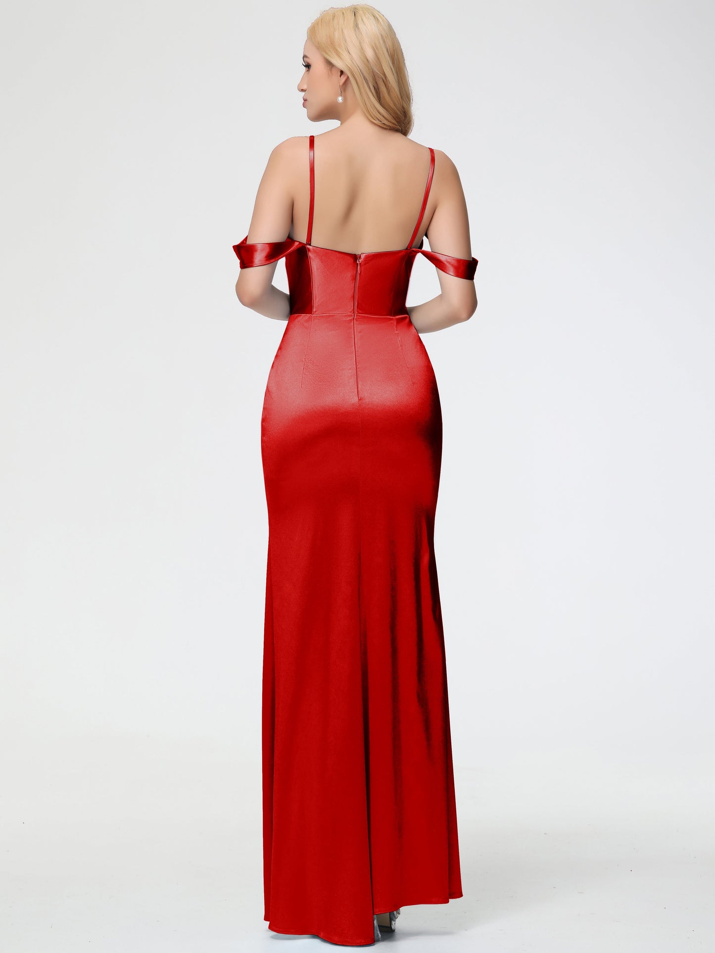 Bridesmaid Dresses Red Sheath/Column Off The Shoulder Removable Straps Stretch Satin Bridesmaid Dress With Slit