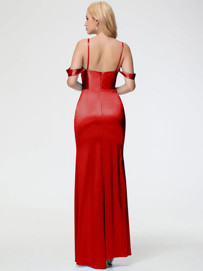 Bridesmaid Dresses Red Sheath/Column Off The Shoulder Removable Straps Stretch Satin Bridesmaid Dress With Slit