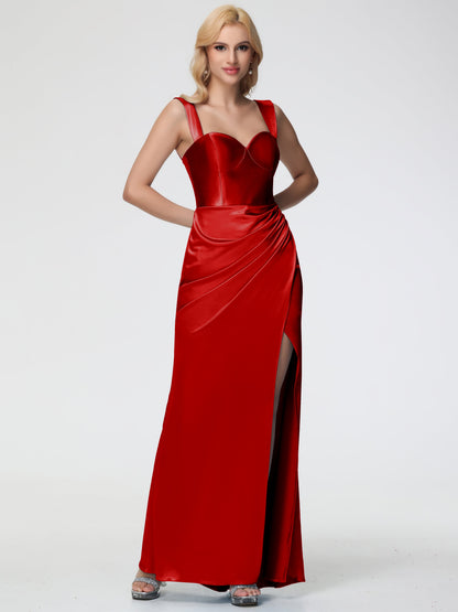 Bridesmaid Dresses Red Sheath/Column Off The Shoulder Removable Straps Stretch Satin Bridesmaid Dress With Slit