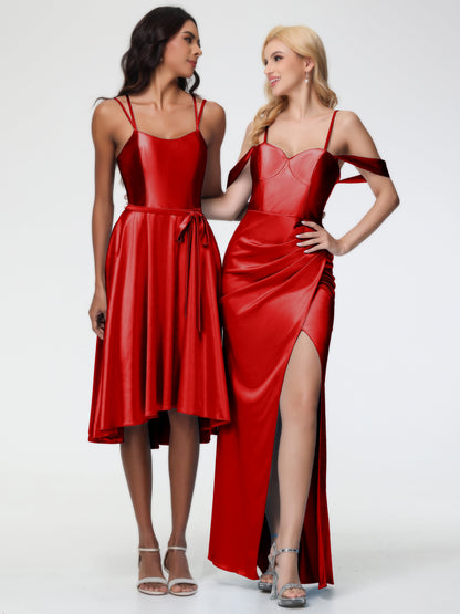 Bridesmaid Dresses Red Sheath/Column Off The Shoulder Removable Straps Stretch Satin Bridesmaid Dress With Slit