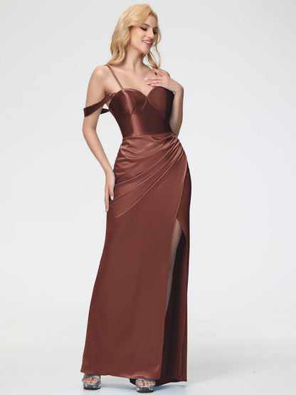 Boho Terracotta Bridesmaid Dresses Sheath/Column Off The Shoulder Removable Straps Stretch Satin Bridesmaid Dress With Slit