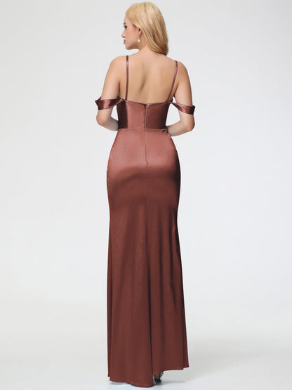 Boho Terracotta Bridesmaid Dresses Sheath/Column Off The Shoulder Removable Straps Stretch Satin Bridesmaid Dress With Slit