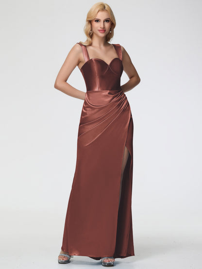 Boho Terracotta Bridesmaid Dresses Sheath/Column Off The Shoulder Removable Straps Stretch Satin Bridesmaid Dress With Slit