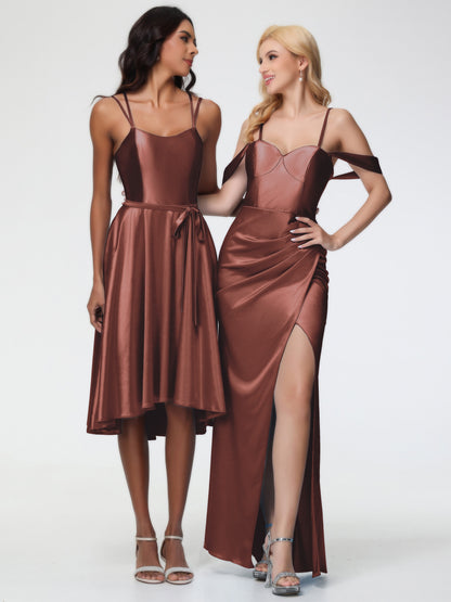Boho Terracotta Bridesmaid Dresses Sheath/Column Off The Shoulder Removable Straps Stretch Satin Bridesmaid Dress With Slit