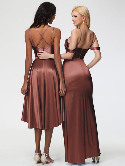 Boho Terracotta Bridesmaid Dresses Sheath/Column Off The Shoulder Removable Straps Stretch Satin Bridesmaid Dress With Slit