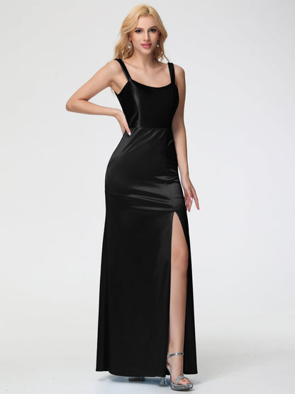 Black Stretch Satin Bridesmaid Dress Sheath/Column Straps V Back Floor Length Stretch Satin Bridesmaid Dress