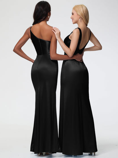 Black Stretch Satin Bridesmaid Dress Sheath/Column Straps V Back Floor Length Stretch Satin Bridesmaid Dress