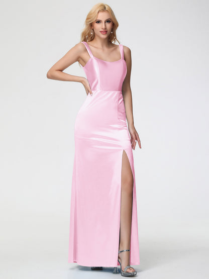 Blush Pink Bridesmaid Sheath/Column Straps V Back Floor Length Stretch Satin Bridesmaid Dress