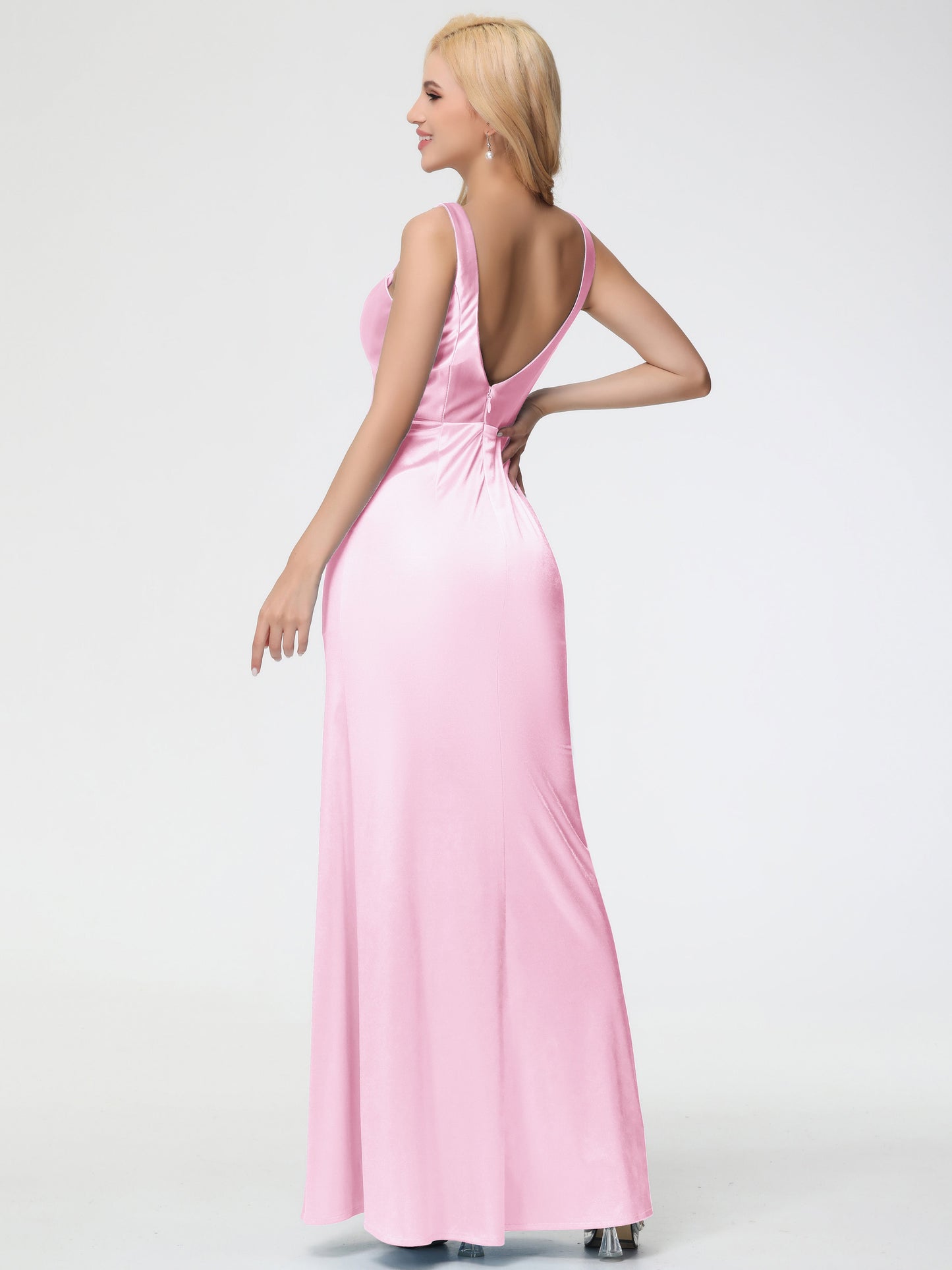 Blush Pink Bridesmaid Sheath/Column Straps V Back Floor Length Stretch Satin Bridesmaid Dress