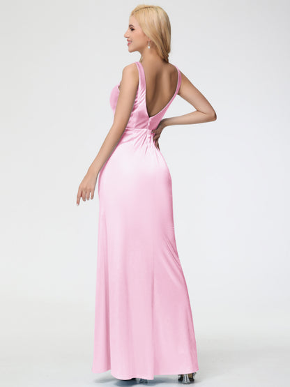 Blush Pink Bridesmaid Sheath/Column Straps V Back Floor Length Stretch Satin Bridesmaid Dress
