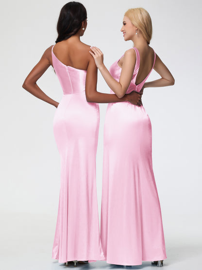 Blush Pink Bridesmaid Sheath/Column Straps V Back Floor Length Stretch Satin Bridesmaid Dress