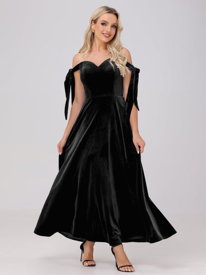 Sheer Neck Sweetheart Ankle Length Velvet Bridesmaid Dresses