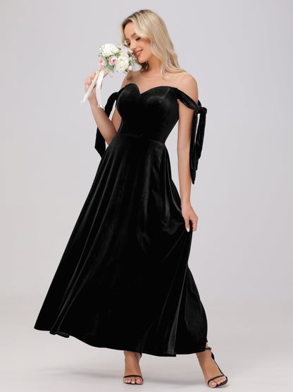 Sheer Neck Sweetheart Ankle Length Velvet Bridesmaid Dresses