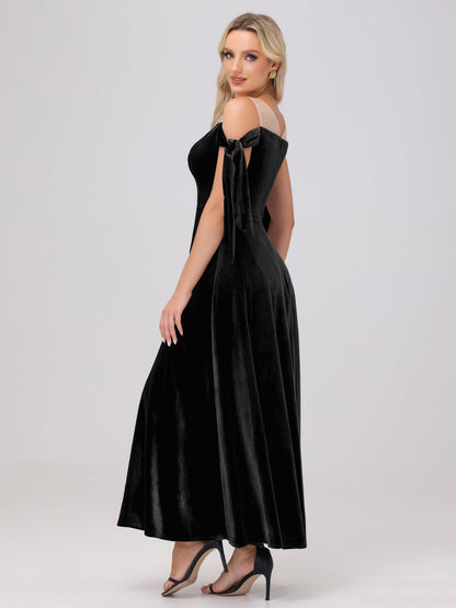 Sheer Neck Sweetheart Ankle Length Velvet Bridesmaid Dresses